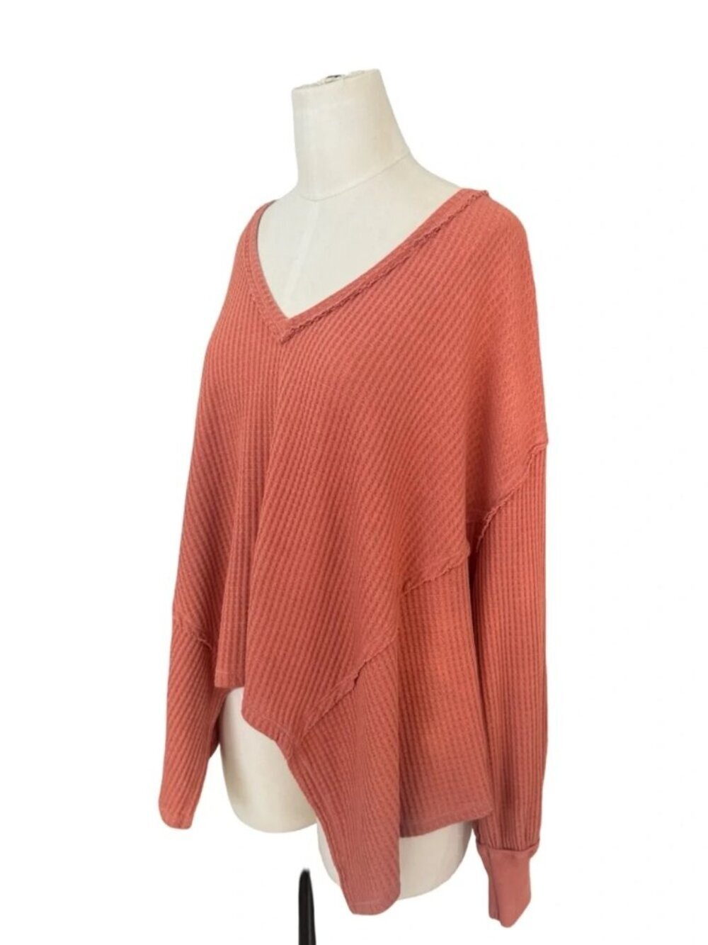 We The Free Waffle Knit Oversized V-Neck Thermal Top Pink XS - Picture 2 of 7